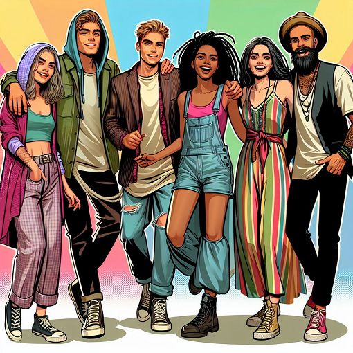 An illustration of a diverse group of friends, each with different hairstyles and clothing styles, having fun together on a colorful background, representing friendship and individuality.