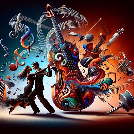 A vibrant and artistic representation of tango music, featuring dancers in a passionate embrace, with musical notes and instruments intertwined, evoking the spirit of Argentine tango.