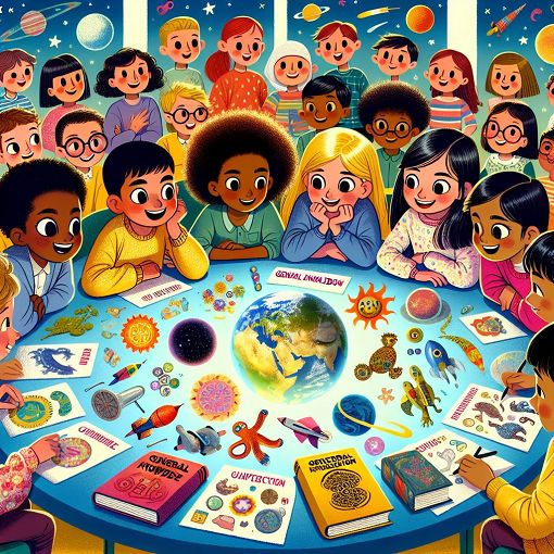 A colorful illustration of children taking a fun quiz, with elements representing various subjects like animals, space, and general knowledge, in a bright and engaging style.