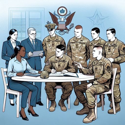 A professional and visually engaging illustration of military personnel exemplifying ethical decision-making, incorporating elements of trust, teamwork, and the Army Ethos.