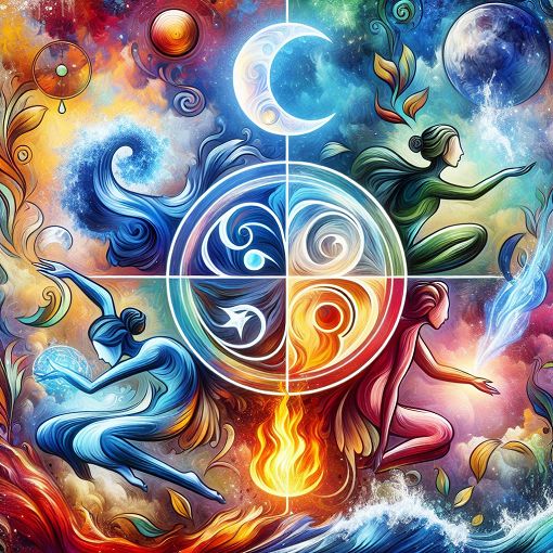 A colorful and engaging illustration of various personality elements interacting, featuring symbols for earth, water, fire, and air, with a whimsical, fantasy-like background.