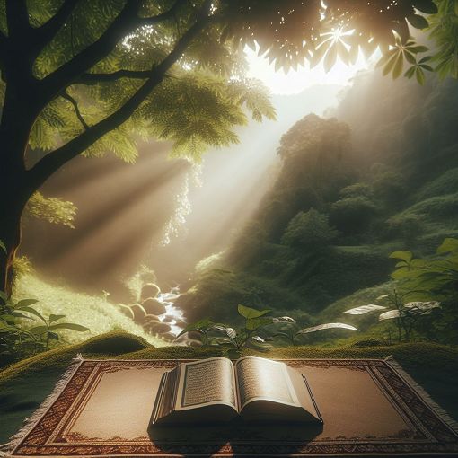 A serene landscape with a Quran open on a prayer mat, surrounded by nature and soft sunlight illuminating the pages.