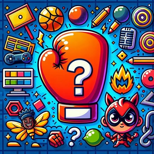 A colorful and engaging quiz-themed image featuring a mix of trivia items like a boxing glove, anime character, and iconic pop culture symbols, with a bright and welcoming background.