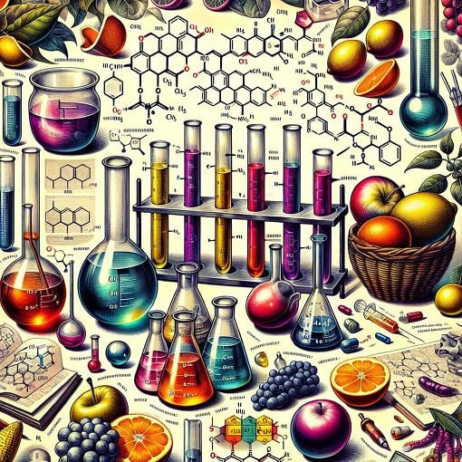 A colorful and educational illustration representing acids, bases, and salts, featuring laboratory equipment, chemical structures, and natural sources of acids, all in a vibrant and engaging style.