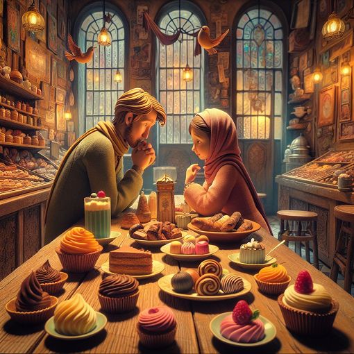 A whimsical and artistic representation of a cozy café scene, featuring two characters having a heartfelt conversation with colorful desserts on the table, warm lighting, and an atmosphere of intimacy and creativity.