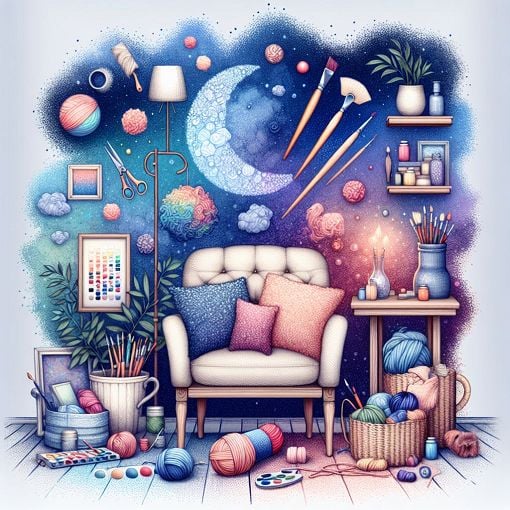 Create a whimsical, artistic depiction of a personality quiz with elements representing sensory experiences, crafts, and cozy living spaces, combining a dreamy and quirky aesthetic.