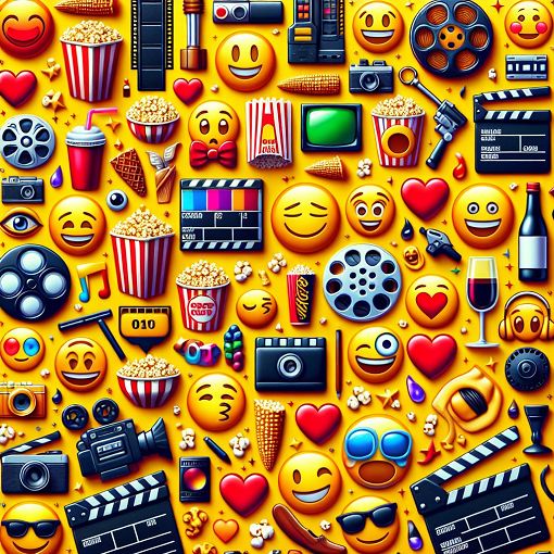 A vibrant and colorful image featuring various emojis related to movies, such as film reels, popcorn, and recognizable symbols from popular films.