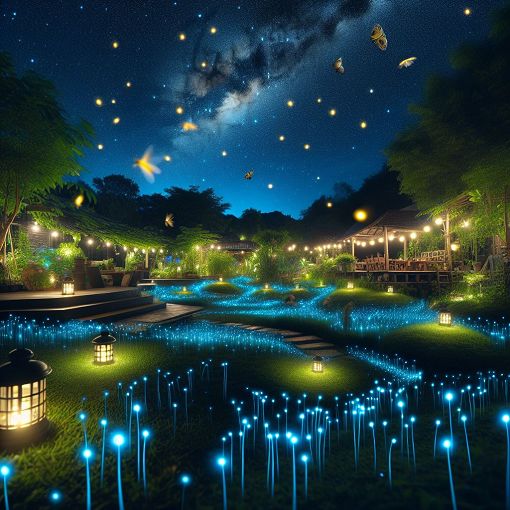 A vibrant nighttime garden scene filled with fireflies, stars twinkling in the sky, highlighting the contrast between nature and artificial light sources.