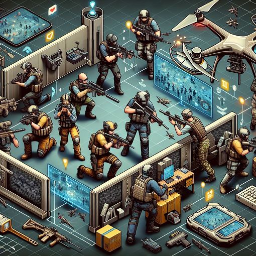 A detailed illustration showcasing various operators from Rainbow Six Siege in an intense gaming scenario, with elements like drones, barricades, and tactical gear.