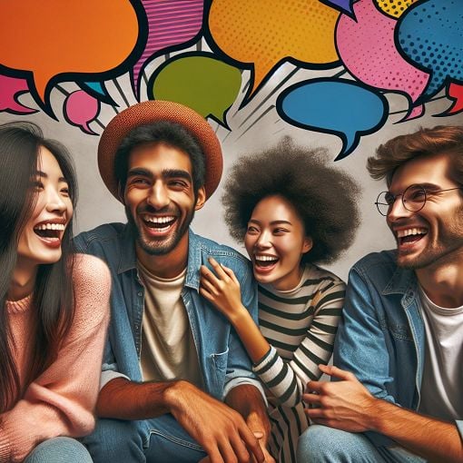 A vibrant, playful illustration featuring a group of friends laughing and discussing quirky quotes while surrounded by colorful speech bubbles, symbolizing camaraderie and fun conversations.