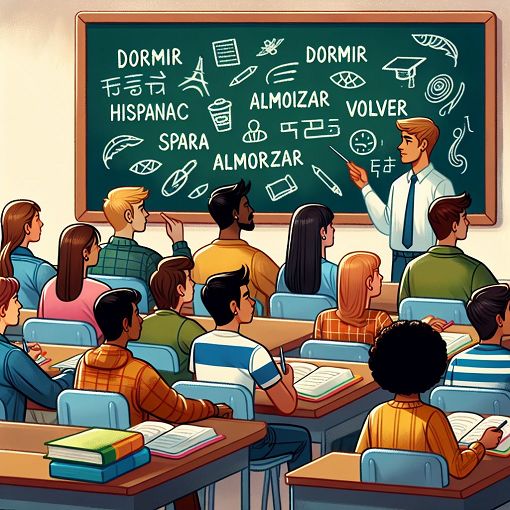 A vibrant classroom setting with students actively engaged in learning Spanish, with words like 'dormir', 'almorzar', and 'volver' written on a chalkboard.