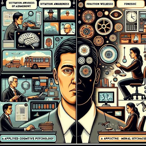 A visually appealing and informative illustration depicting the concepts of applied cognitive psychology, including situation awareness, mental workload, and forensic psychology roles.