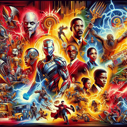 A colorful and dynamic collage featuring key characters and iconic scenes from the Marvel Cinematic Universe, including Iron Man, Thor, Black Panther, and the Avengers logo, with a vibrant comic book art style.