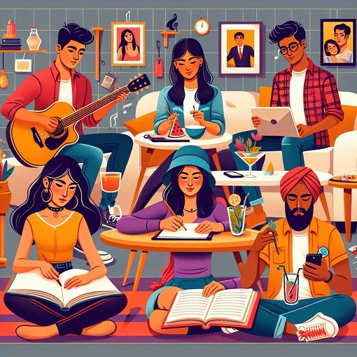 A vibrant illustration of diverse college students hanging out in a living room, showcasing different personalities and favorite activities, with elements symbolizing various leisure activities like Netflix, drinks, and music.