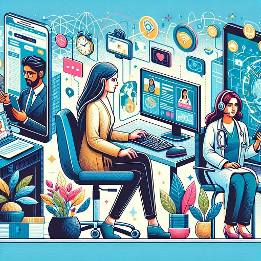 A vibrant and informative illustration depicting various facets of information technology in daily life, including online banking, telecommuting, and the medical field, featuring people using computers and technology in a modern setting.