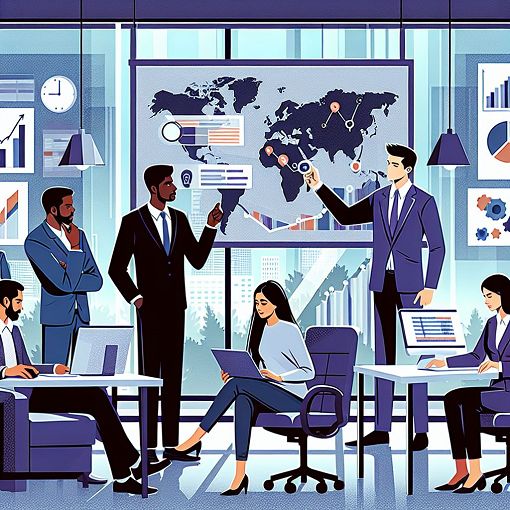 A creative and engaging illustration representing international project management concepts, featuring diverse teams, risk assessment charts, and benchmarking tools in a modern office environment.