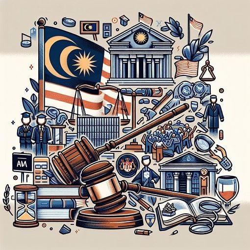 A detailed illustration depicting anti-corruption efforts in Malaysia, featuring iconic symbols like the Malaysian flag, a gavel, and educational settings.