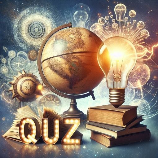 A vibrant quiz theme featuring elements like books, a globe, and a light bulb to symbolize knowledge and discovery.