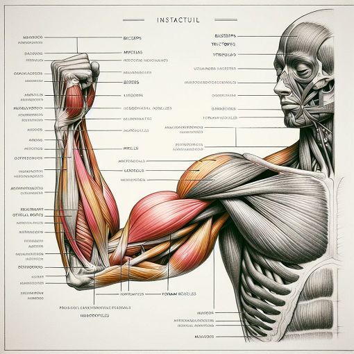 Generate an illustration of the human arm with labeled muscles in a detailed and educational style, suitable for a quiz on anatomy.