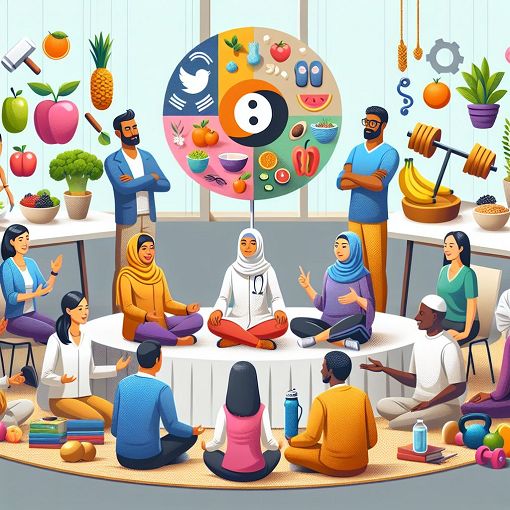 A vibrant and engaging illustration of a diverse group of people having a health discussion, with elements representing nutrition, exercise, and wellness, set in a modern, friendly environment.