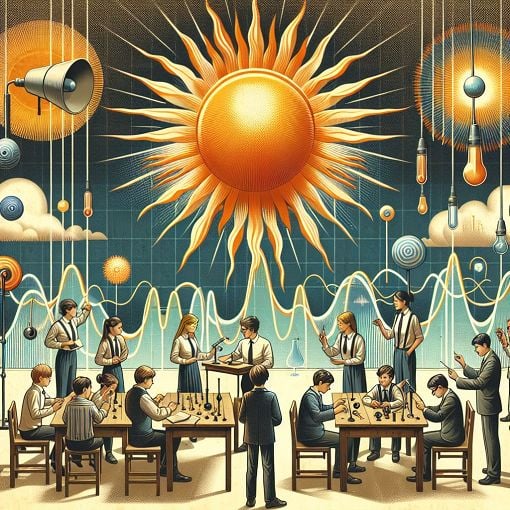 A vibrant classroom scene depicting students engaging with light and sound experiments, showing a sun and sound waves in the background.