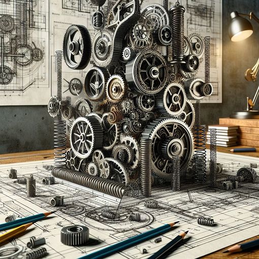 A highly detailed illustration of intricate gear systems and spring mechanics in a mechanical engineering setting, emphasizing technical drawings and designs.