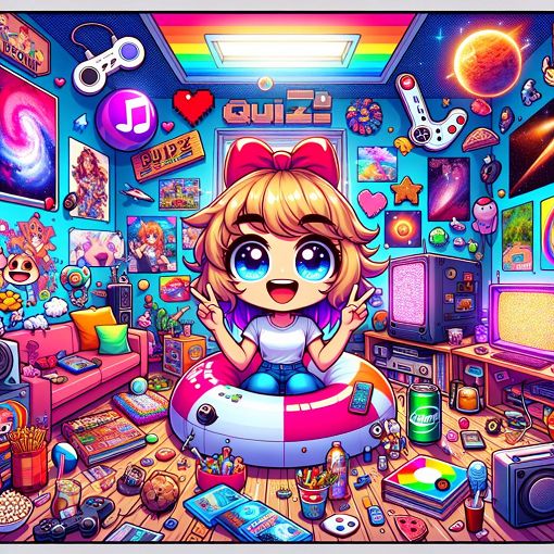 A colorful illustration of a fun quiz setting with anime references, gaming elements, and a playful atmosphere, reflecting someone's personal interests and favorite things.