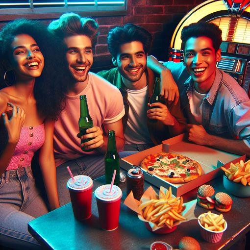 Create an image of a vibrant, colorful youth hangout scene with friends, music, and food, encapsulating a fun and energetic atmosphere.