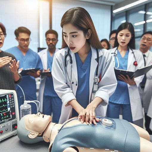 A medical professional in a hospital setting, demonstrating advanced life support techniques, with equipment like a defibrillator and CPR mannequins in the background.