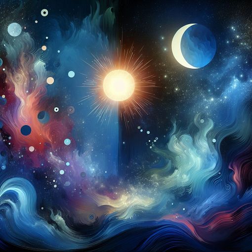 A colorful illustration depicting a mystical night sky with a radiant sun, a serene moon, and abstract representations of spirits, with a whimsical and inviting style.