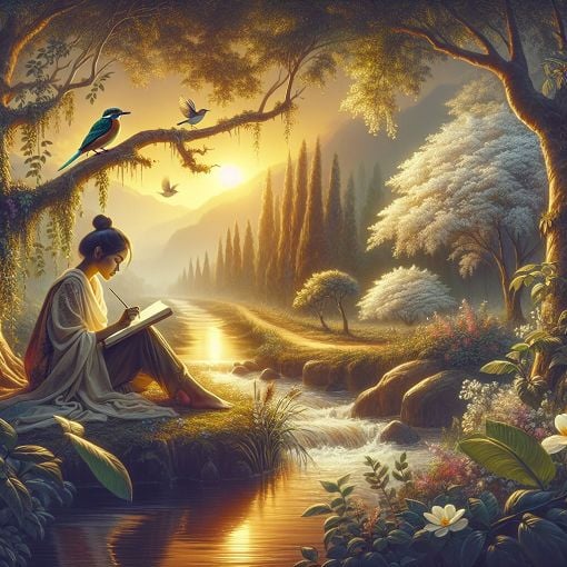 A serene and contemplative scene depicting a person sitting by a river, writing in a journal, surrounded by nature, symbolizing self-reflection and emotional healing.