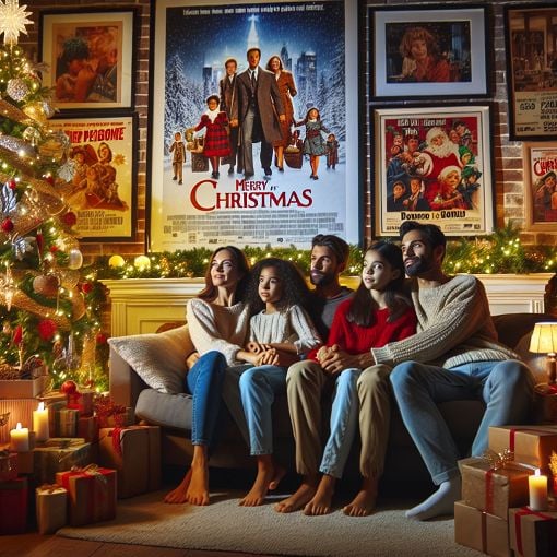 A cozy living room decorated for Christmas, featuring a Christmas tree and holiday movie posters on the wall, with a family sitting together watching a classic Christmas movie.