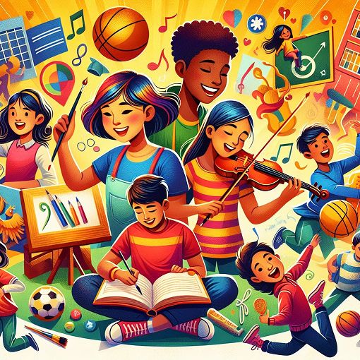 A colorful and whimsical illustration of diverse kids engaged in various extracurricular activities, surrounded by symbols of arts, sports, and community, in a vibrant school environment.