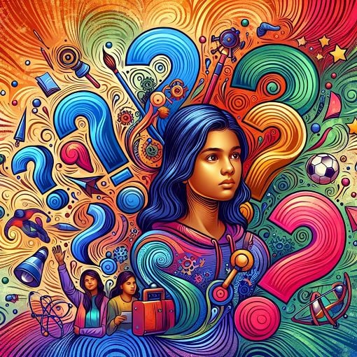 A colorful and engaging illustration of a young girl surrounded by question marks and various symbols representing her interests, like a school, friends, and hobbies.