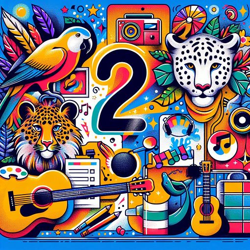 A colorful quiz-themed illustration featuring various personal interests, such as animals, music bands, and hobbies, with a fun, engaging design.