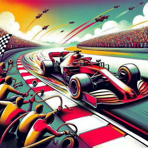 A vibrant and dynamic illustration of a Formula 1 car racing around a track, with a cheering crowd in the background and a colorful pit stop scene.