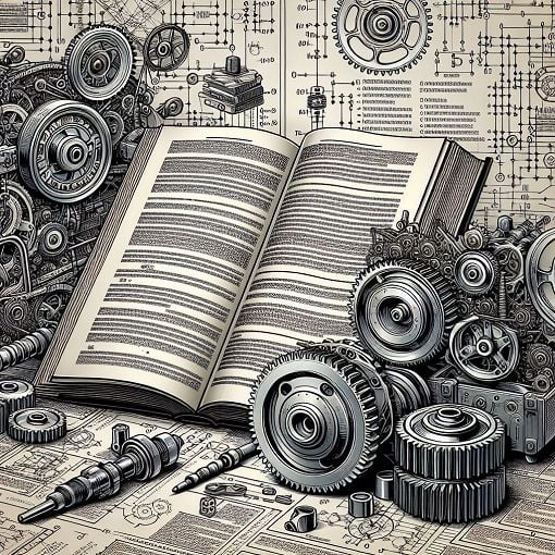 Create an image illustrating automotive regulations, mechanical systems, and rule compliance, featuring technical diagrams, regulations books, and mechanical parts.