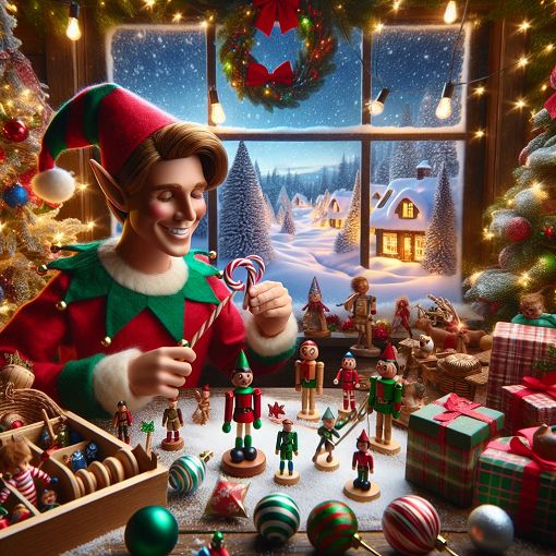 A cheerful elf surrounded by toys and holiday decorations, with snowflakes gently falling in a vibrant winter wonderland.