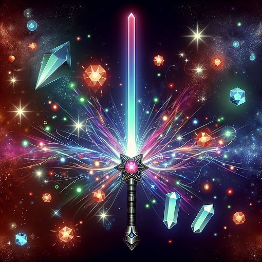 Create a vibrant and dynamic artwork depicting a lightsaber with various colors of kyber crystals glowing in the background, set against a starry space background to reflect a Star Wars theme.