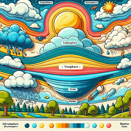 A vibrant and educational illustration showing different layers of the atmosphere, various types of clouds, and weather phenomena like wind and rain.