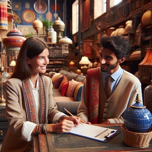 A friendly customer service representative assisting a customer with their inquiries about returns and exchanges, set in a retail environment with Pier 1 decor.