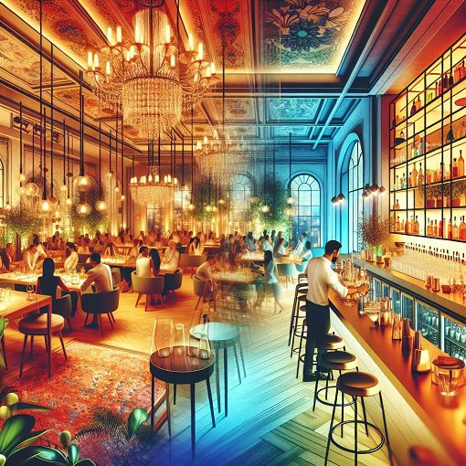 A vibrant and inviting image of a chic restaurant setting that represents The Entourage Group, featuring stylish decor, a trendy bar, and a lively atmosphere.