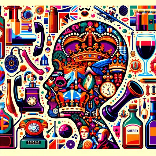 A vibrant, colorful illustration featuring a mix of historical and quirky trivia elements, such as a crown, a telephone, a sherry bottle, and a cheekbone, set against a cheerful background.