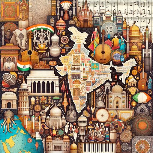 A colorful and educational collage depicting India's cultural heritage, including traditional music symbols, maps, iconic buildings, and famous landmarks.