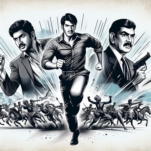 A vibrant scene depicting characters from the movie Sholay, showcasing a dramatic landscape with Jai, Veeru, and Thakur in action poses, evoking the essence of classic Indian cinema.