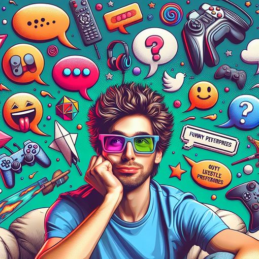 A vibrant and humorous illustration depicting a young man with a quirky personality, surrounded by symbols of pop culture, gaming, and humorous chat bubbles, capturing the essence of a modern quiz about preferences and lifestyle.