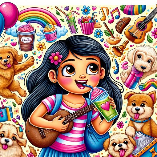 A whimsical and colorful illustration featuring a girl named Abby surrounded by her favorite things like smoothies, musical instruments, and dogs, with a playful and cheerful background.