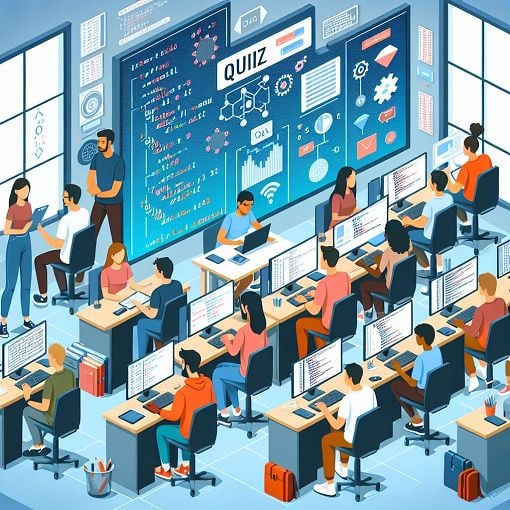 An engaging illustration of a computer science classroom with students taking a quiz, featuring technology elements like computers, data graphs, and coding symbols.