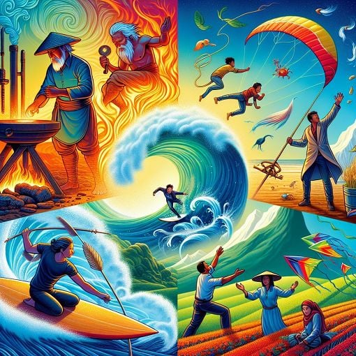 A vibrant, colorful illustration depicting different energy types represented by natural elements, such as fire, water, earth, and air, with diverse individuals embodying these energies in their daily activities.