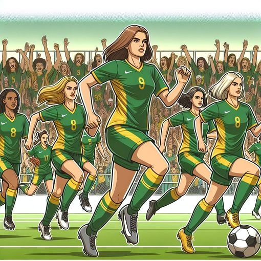 A vibrant collage of the Matildas in action, showcasing their iconic green and gold uniforms, a football pitch, and cheering fans in the background.